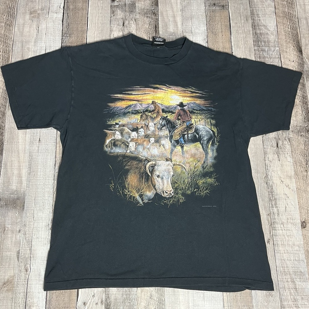 3D Emblem Shirt Adult Large Black Vintage 90s Cow Bull Farmer Cowboy